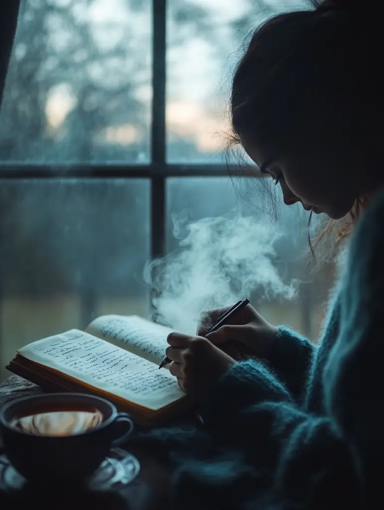 Person journaling thoughtfully by a sunlit window with a cup of tea, writing about emotions and mental wellbeing