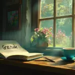 Open gratitude journal with pen and morning sunlight, symbolizing daily reflection practice