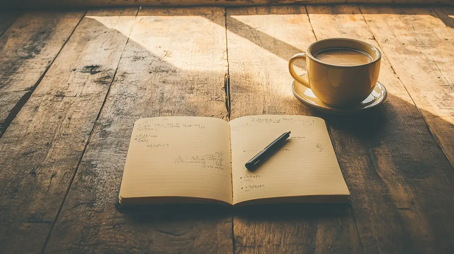 An open journal with writing prompts on a sunlit desk with a pen and coffee cup, creating a peaceful morning journaling scene.