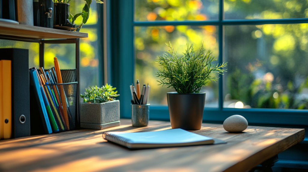 Organized journaling workspace with journal, colored pens, and mindfulness elements