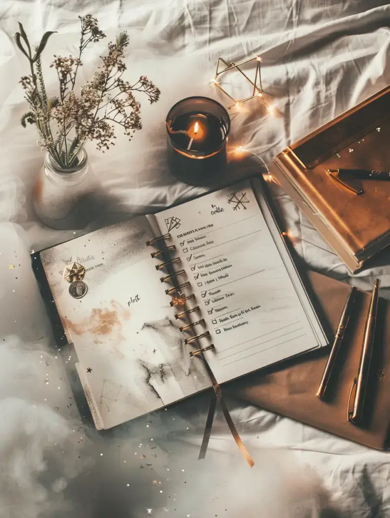 Overhead view of goal journal with completed checklist items, pen, and motivational symbols