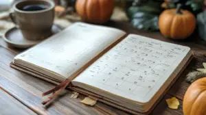 A traditional grid-style bullet journal monthly spread with calendar, goals section, and habit tracker