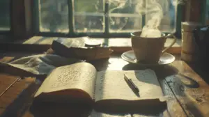An open journal with handwritten text on a wooden desk with morning light and a cup of coffee, creating a peaceful journaling atmosphere