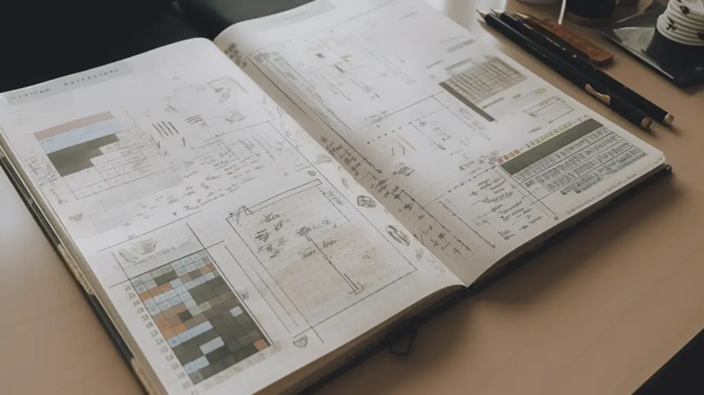 Various best bullet journal options displayed with planning supplies including pens, washi tape, and stencils