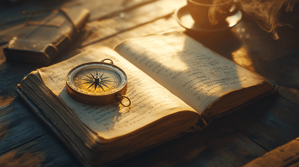 Vintage journal with a brass compass resting on handwritten pages bathed in golden morning light, representing guidance and direction through journaling.