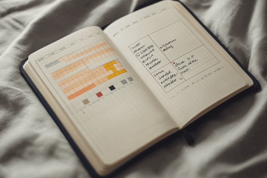 Beginner-friendly bullet journal spreads for mental wellbeing including a simple mood tracker and self-care menu.