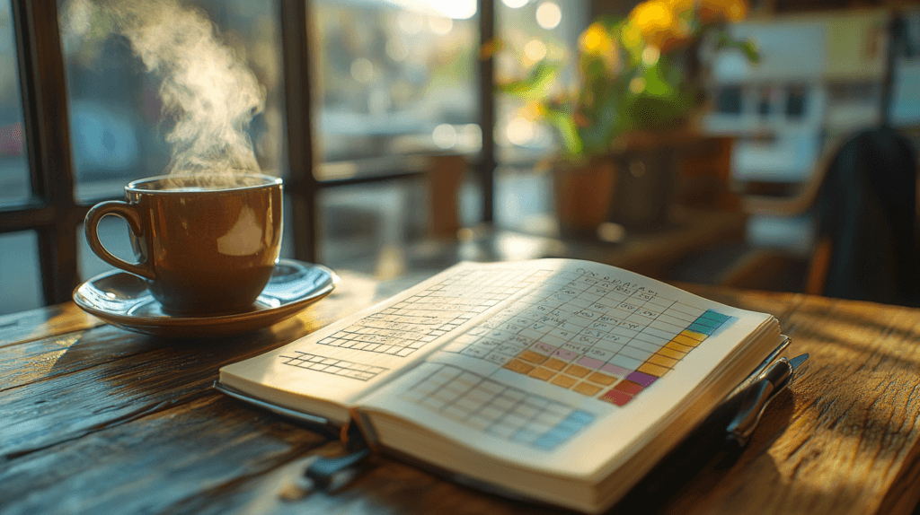 Steaming coffee cup next to habit tracker bullet journal with colorful grid layout in golden afternoon light by window
