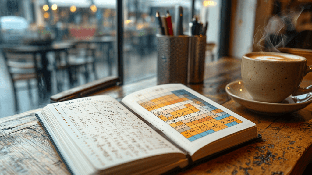 Open bullet journal habit tracker with orange and blue color coding beside steaming coffee cup in cozy coffee shop setting