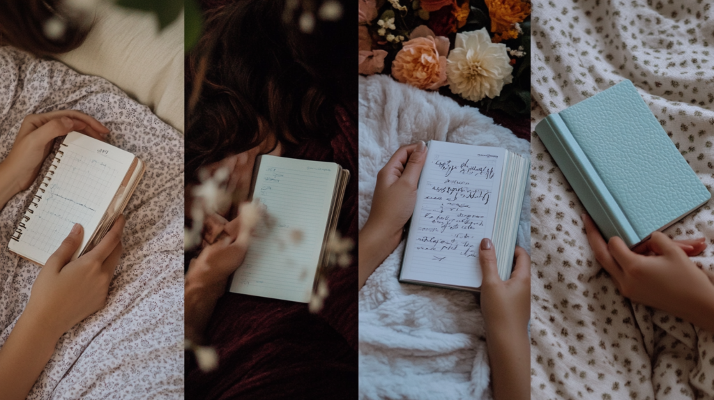 u1749484689_Four_different_journaling_styles_shown_in_quadran_e1c692b6-f874-4326-8255-0749947a01ab_1 | Journaling Insights Four different journaling methods displayed: gratitude, stream of consciousness, structured, and prompt-based