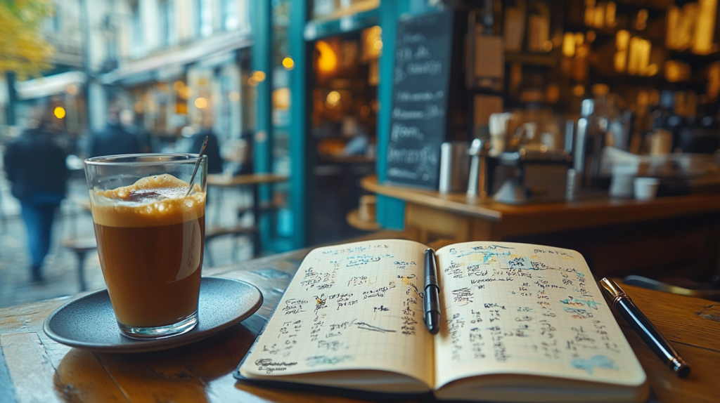 Organized bullet journal with symbols and task lists beside a fountain pen on a wooden table with coffee shop ambiance in the background.