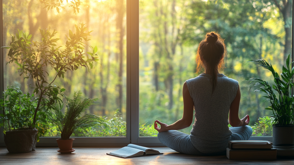 Person in meditation pose with journal nearby - combining mindfulness with therapeutic journaling