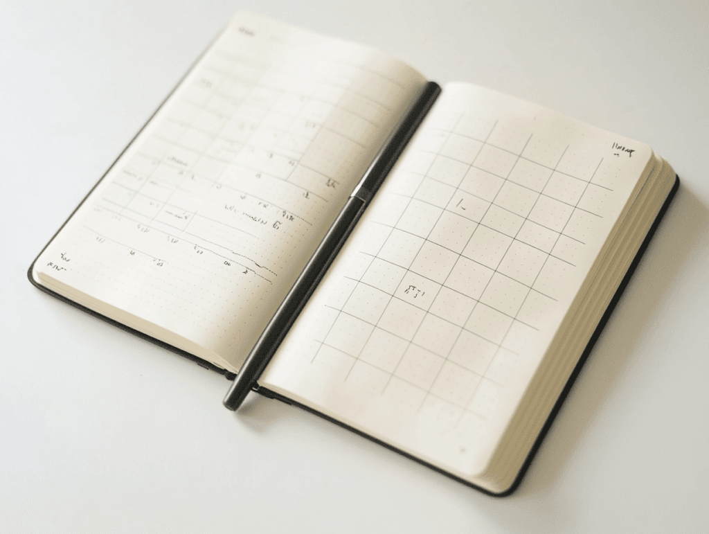 Basic bullet journal layouts showing minimal monthly and daily spreads for beginner bullet journalists.