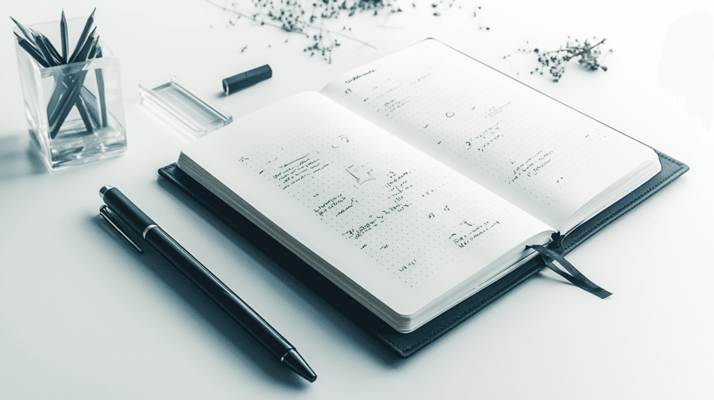 Essential bullet journal supplies for beginners: notebook, pens, and ruler for starting a simple bullet
