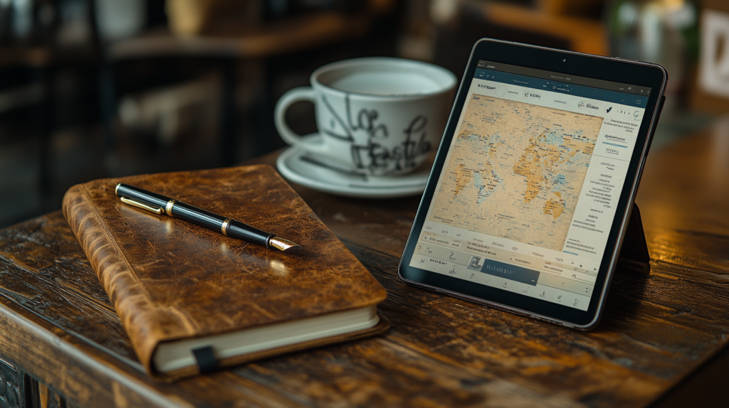 Split image showing traditional leather journal with fountain pen on left and tablet with journaling app on right, arranged on a coffee shop table.