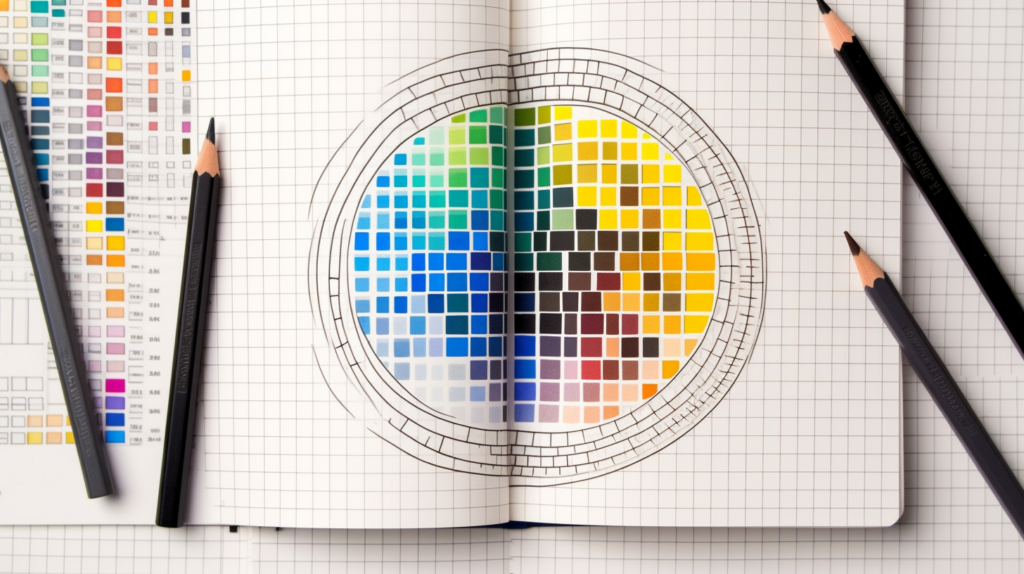 Year in pixels mood tracker in bullet journal showing 365 colored squares arranged in circular pattern