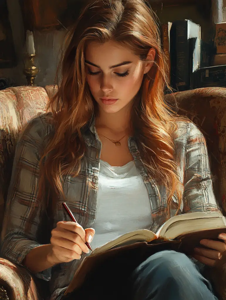 Woman sitting in a comfortable chair, looking down while writing in her journal