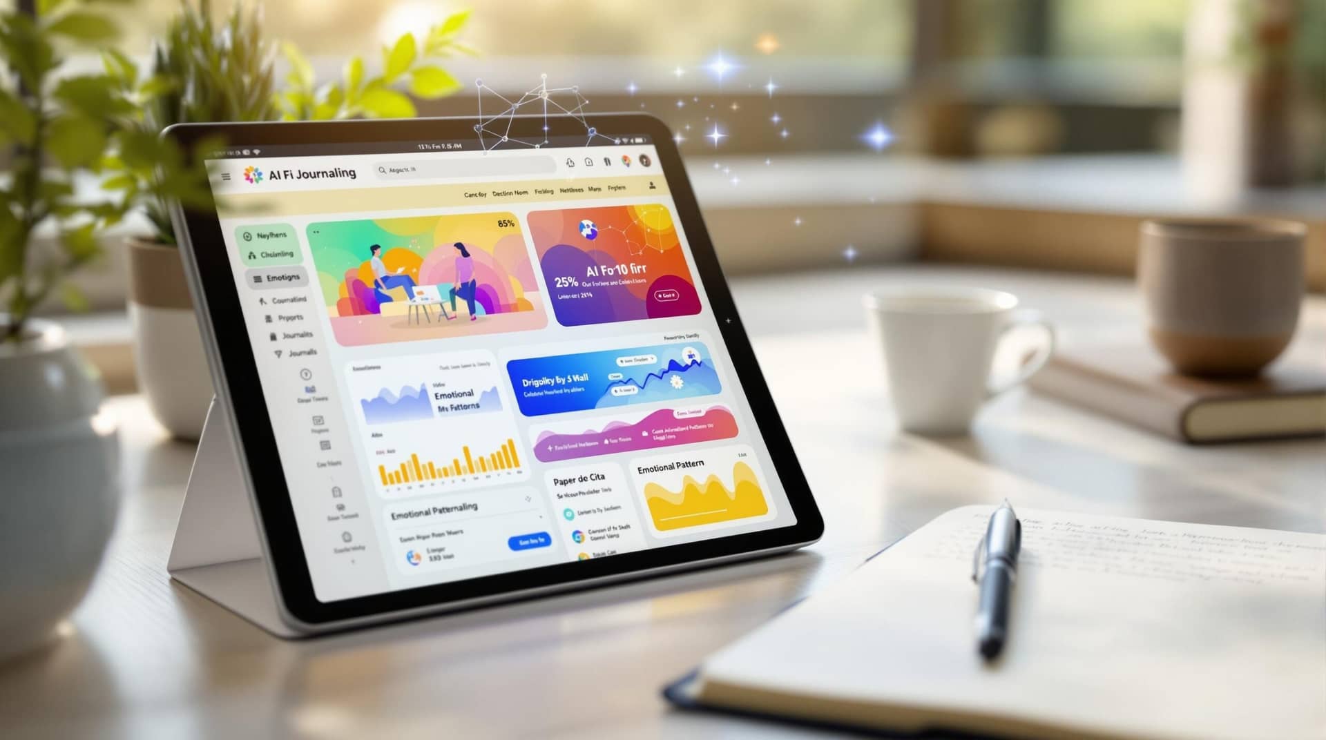 A tablet displaying an AI journaling app with emotional analytics sits in a peaceful workspace alongside a cup of tea, plant, and paper journal, representing the harmony between digital and traditional reflection methods. 