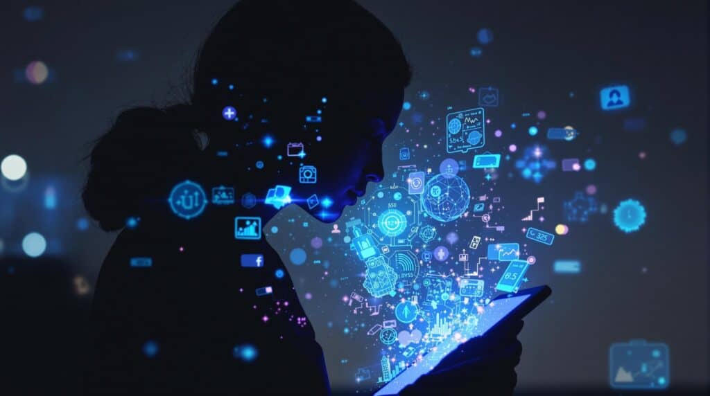 A person's silhouette illuminated by digital patterns from a tablet screen, with floating emotional data visualizations in blue and purple, representing AI journaling technology in a reflective atmosphere.