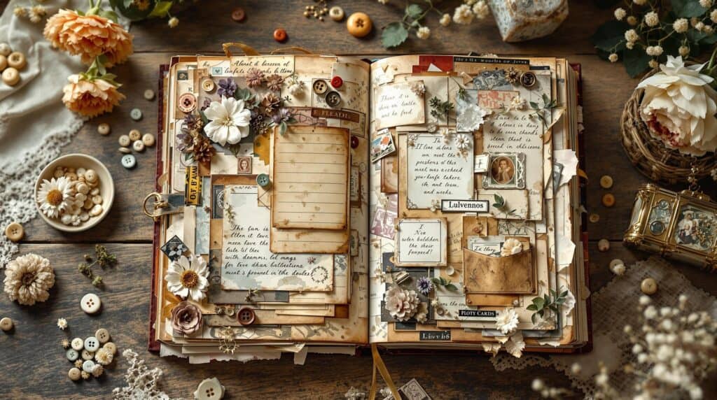 Open vintage junk journal on rustic wooden table displaying layered collages, surrounded by ephemera including stamps, pressed flowers, and lace - a beautiful example of what is junk journaling, captured in warm natural light.