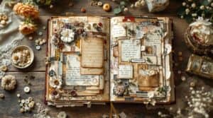 Open vintage junk journal on rustic wooden table displaying layered collages, surrounded by ephemera including stamps, pressed flowers, and lace - a beautiful example of what is junk journaling, captured in warm natural light.