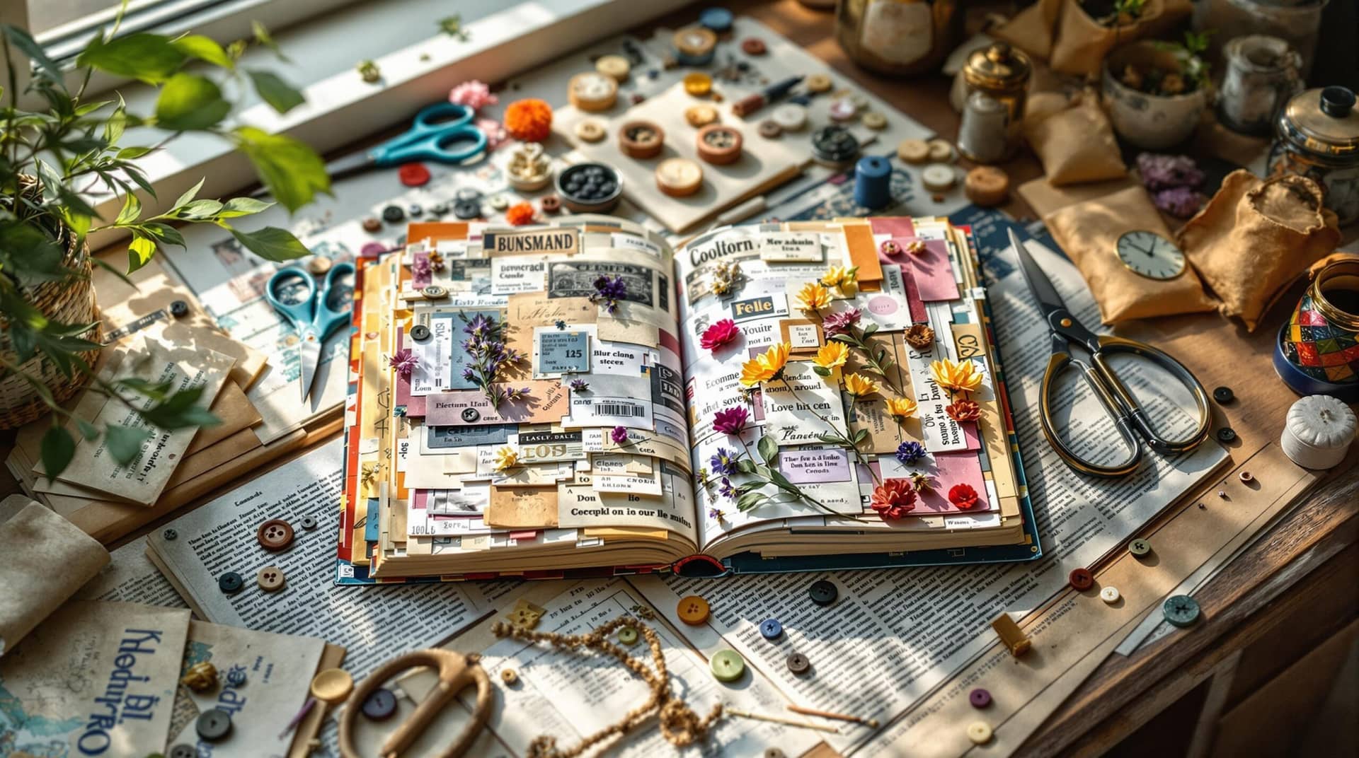 A handmade junk journal open on a sun-lit workspace, displaying colorful layered pages with vintage tickets and pressed flowers, surrounded by creative junk journaling ideas including scissors, tea bags, maps, and buttons. 