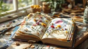 Handmade junk journal open on a sunny workspace showing colorful layered pages with vintage elements and pressed flowers, surrounded by various junk journaling ideas including scissors, tea bags, maps and buttons in a cozy, creative atmosphere.