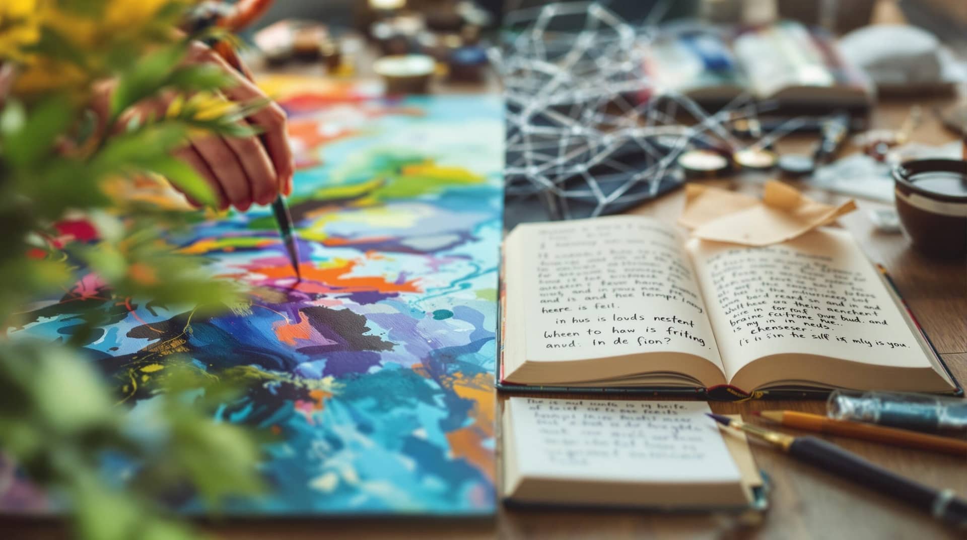 Peaceful art therapy workspace showing expressive painting with colorful emotions on the left and reflective journaling on the right, connected by subtle neural pathway imagery, with thoughtfully arranged supplies on a wooden table bathed in soft natural light. 