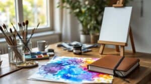 Peaceful art therapy setup featuring painting supplies, a journal with reflections, and an emotional abstract artwork, bathed in natural light.