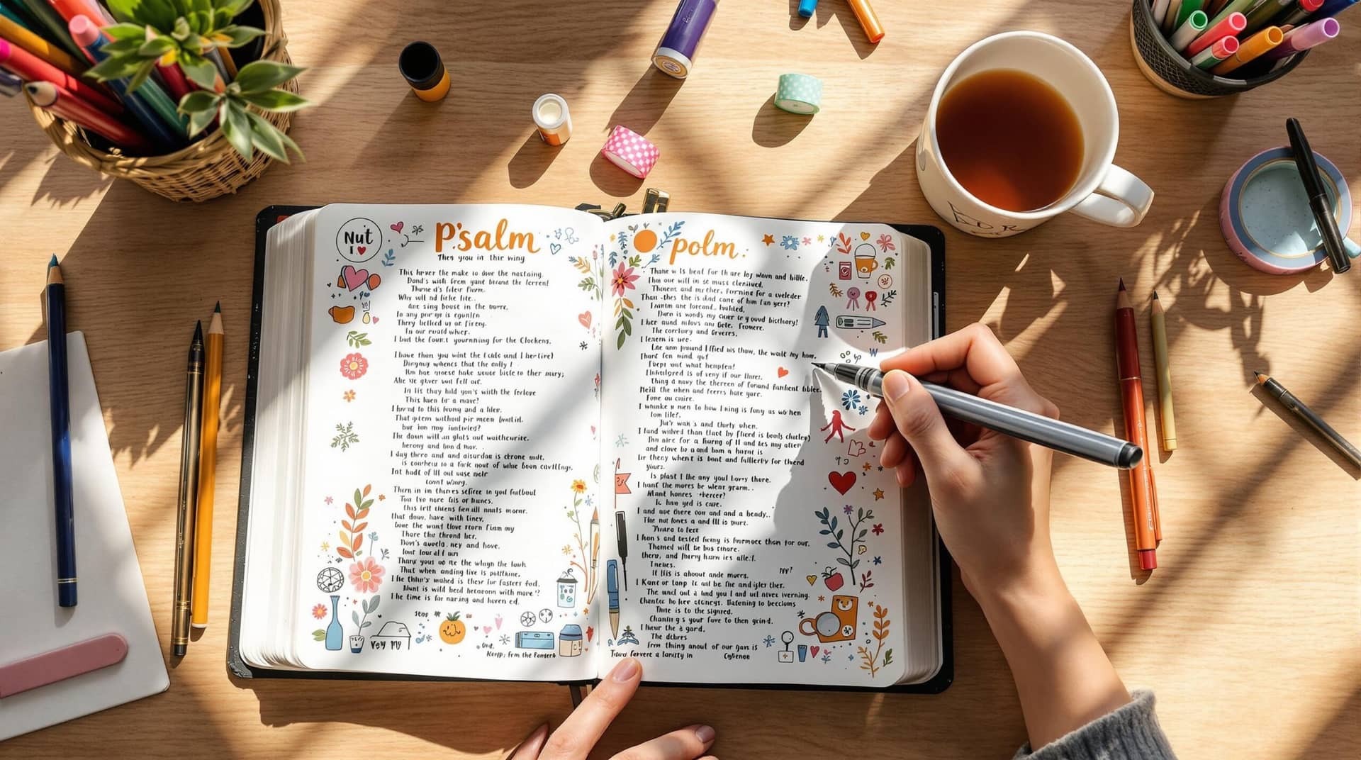 Person practicing bible journaling for beginners with an open Bible, creating artistic lettering in the margins alongside colored pencils, pens, washi tape and highlighters on a sunlit wooden desk. 