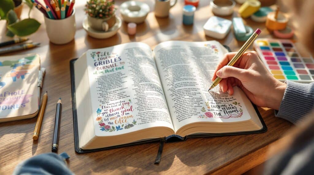 Person practicing bible journaling for beginners at a sunlit desk with open Bible, art supplies, and colorful hand-lettering in progress.