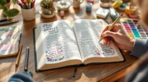 Person practicing bible journaling for beginners at a sunlit desk with open Bible, art supplies, and colorful hand-lettering in progress.
