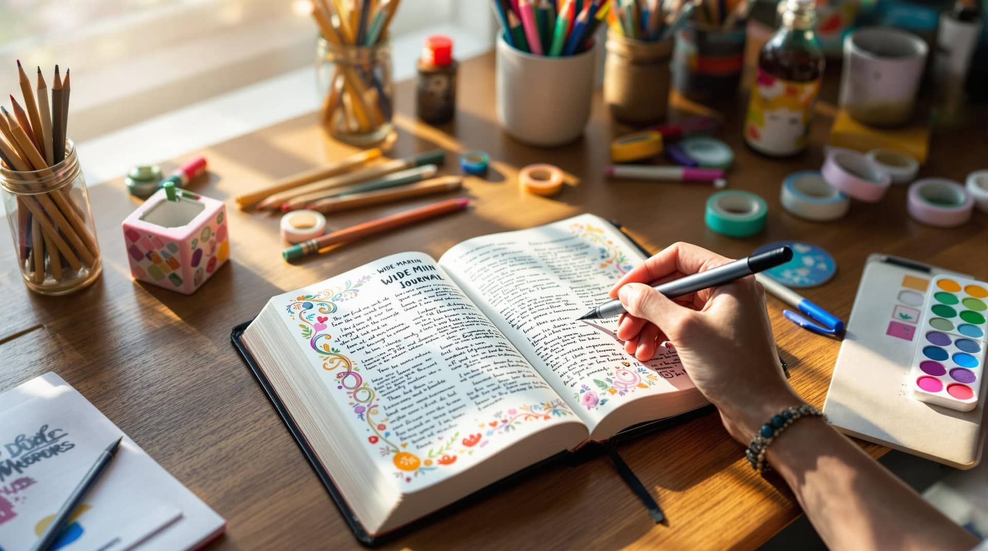 Open journaling Bible on wooden desk with colorful illustrations and hand-lettering in margins, surrounded by art supplies while a hand adds delicate lettering, showcasing bible journaling in warm natural light. 