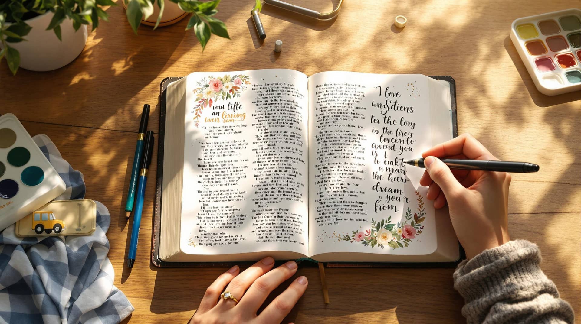 A person's hand writing in an open journaling Bible with decorative margins, surrounded by colorful art supplies on a sunlit wooden desk, showcasing the creative practice of bible journaling.