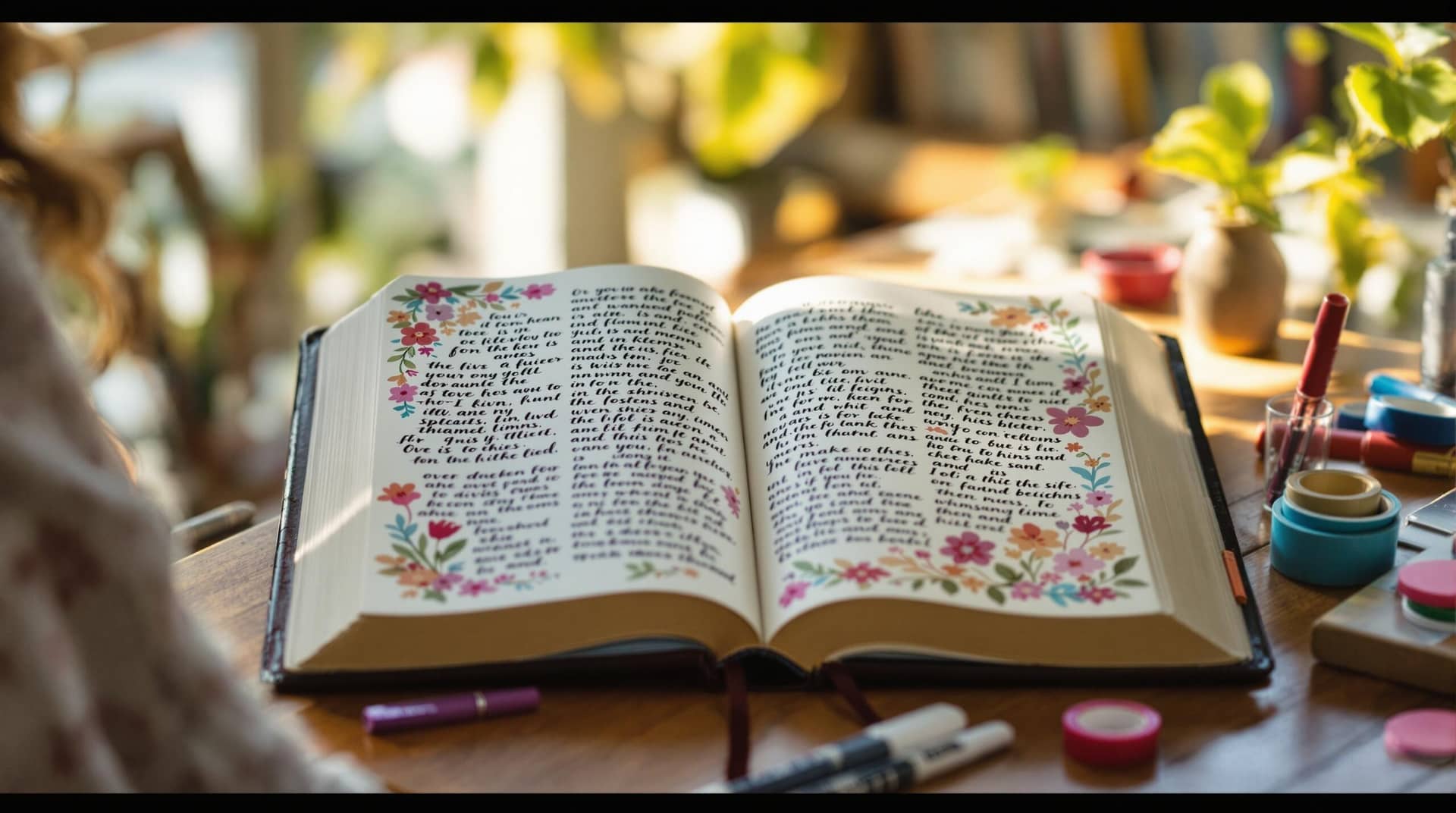 Woman engaged in spiritual journaling at a wooden desk with an open Bible, colorful art supplies, and handwritten reflections under warm natural light. 