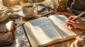 A woman's hand writing in a leather journal next to an open Bible, surrounded by colorful pens and art supplies for spiritual journaling, with a steaming coffee cup nearby in warm morning light.