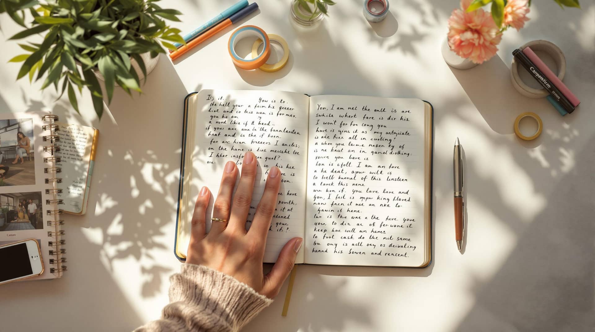 A person's hand writes in an open journal on a sunlit desk arranged with colorful pens, washi tape, and a small plant, showcasing how to do journaling in a peaceful, organized space. 