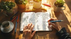 Hand writing in an open journal on a wooden desk with colorful pens, coffee, and plants, showing how to do journaling in a peaceful, naturally lit workspace.