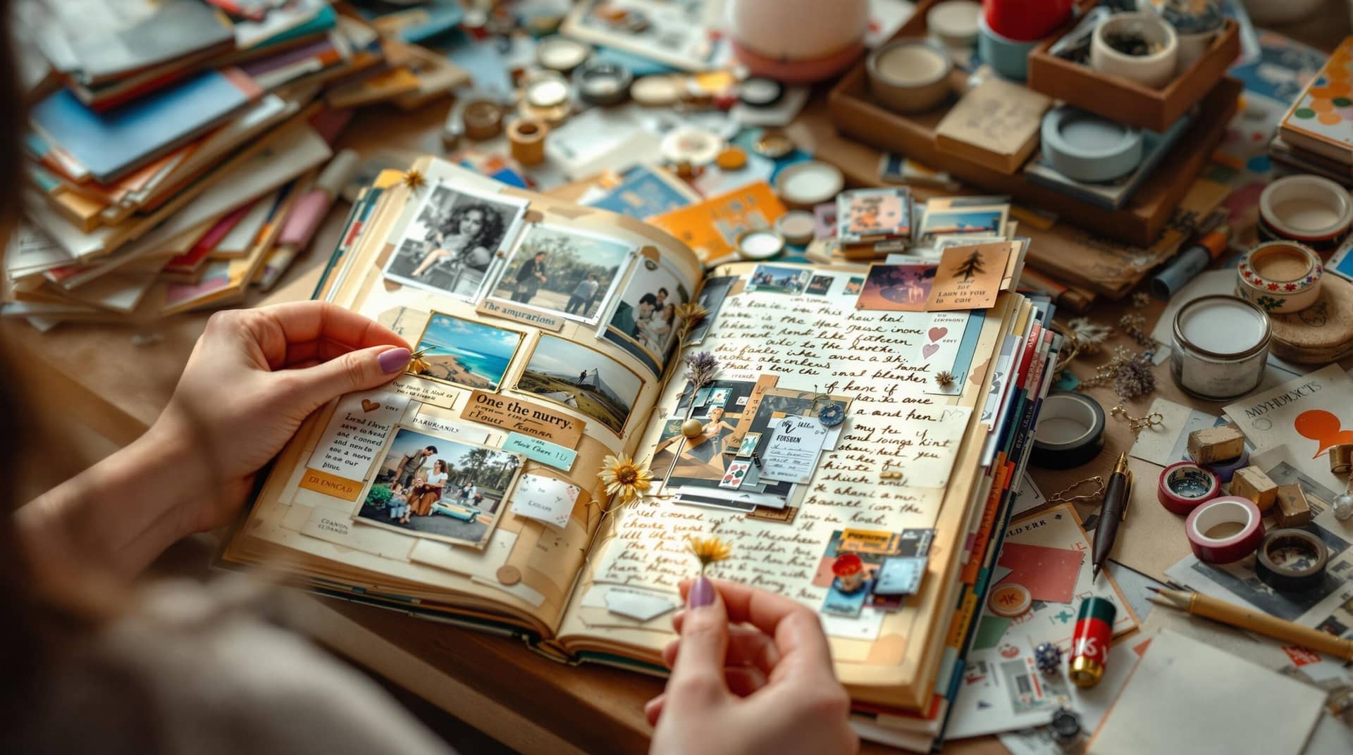 Woman engaged in junk journaling, carefully attaching a dried flower to an open handbound journal filled with vintage ephemera and memories, surrounded by crafting supplies in a warm, softly lit workspace. 