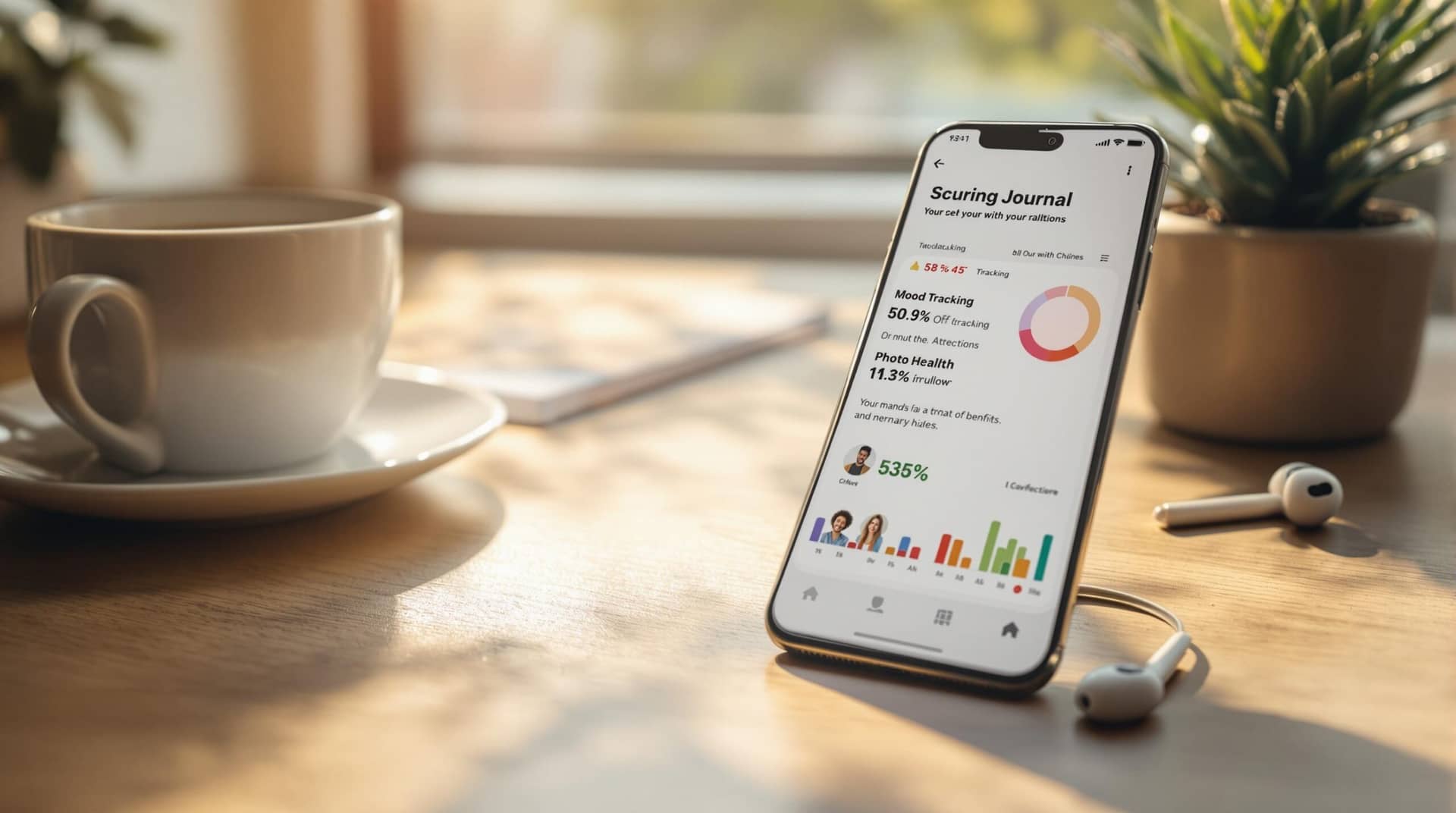 Digital journal app shown on smartphone with mood tracking graphs and statistics highlighting the benefits of electronic journaling, arranged on wooden desk with coffee and plants in warm morning light. 