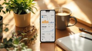 A sleek smartphone showing an electronic journaling app with mood tracking graphs and habit statistics, placed on a wooden desk alongside a steaming coffee cup, indoor plants, and a traditional paper notebook, all illuminated by soft morning light.