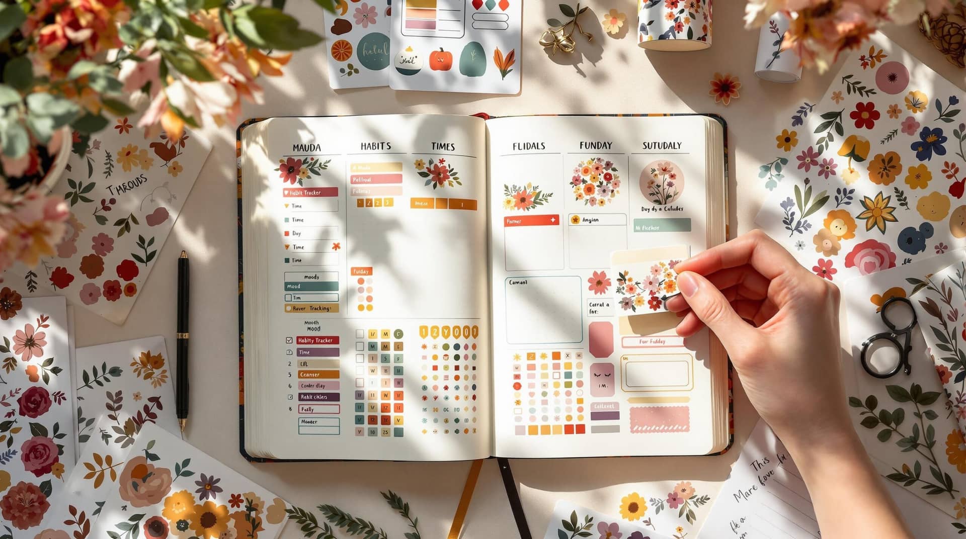 Hand placing a mood-tracking sticker on an open journal surrounded by colorful journaling stickers, including functional trackers and decorative designs in a warm, sunlit flat lay arrangement. 