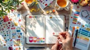 A hand placing a mood-tracking sticker on an open journal, surrounded by colorful journaling stickers, pens, washi tape, and a cup of tea in warm sunlight.