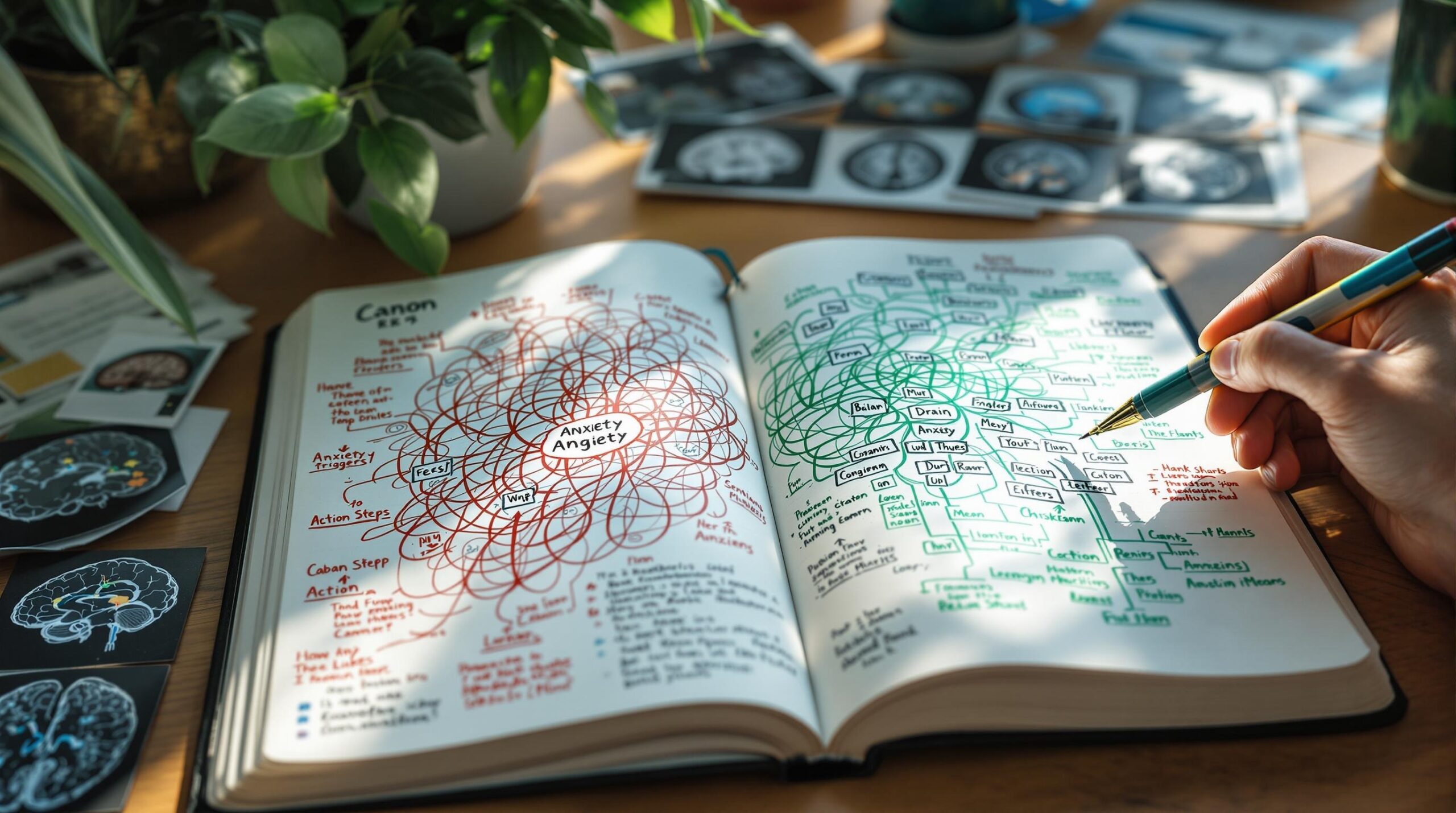 Journal open to a colorful mind map showing anxiety triggers transforming into structured action steps, with a hand holding a pen, demonstrating how journaling and anxiety management work together in a peaceful workspace. 