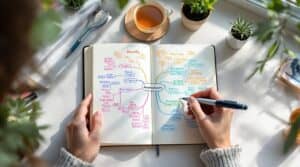 mind-maps-how-structured-journaling-transforms-anxiety-into-action | Journaling Insights A person's hand writing in a colorful mind map journal that transforms anxiety triggers into structured action steps, demonstrating how journaling and anxiety management can bring clarity and calm in a peaceful workspace with tea and plants.