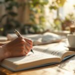 A person practicing mindful journaling at a wooden desk, writing in an open journal with a fountain pen, surrounded by a steaming cup of tea, plants, and soft morning light in a peaceful, meditative space.