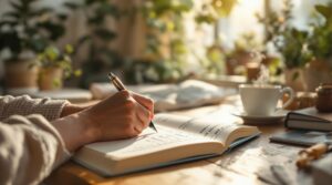 A person practicing mindful journaling at a wooden desk, writing in an open journal with a fountain pen, surrounded by a steaming cup of tea, plants, and soft morning light in a peaceful, meditative space.