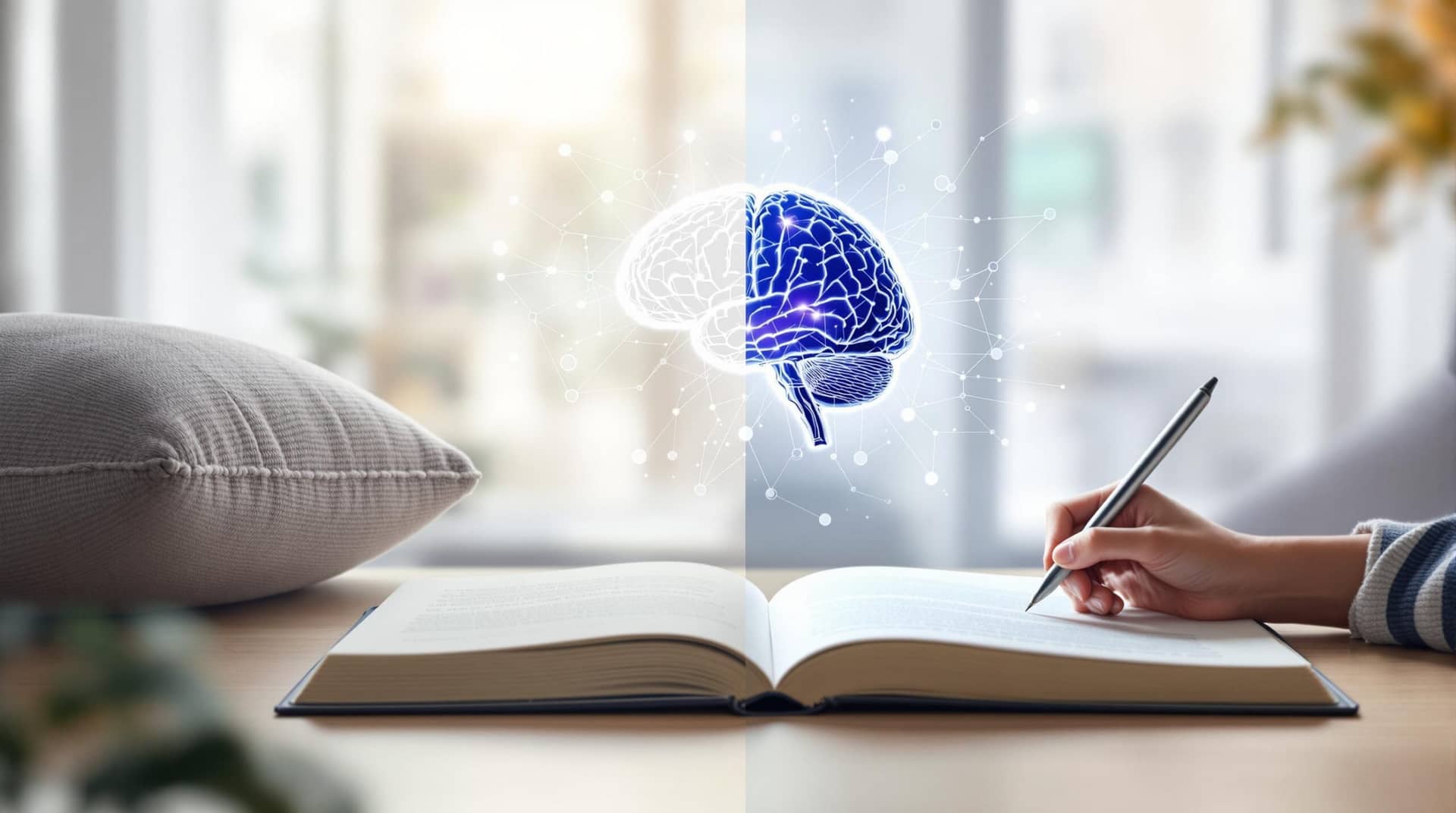 A minimalist workspace featuring meditation and journaling elements - a cushion beside an open journal, with soft natural light. Split-screen shows a person meditating and another writing. A subtle brain illustration highlights the prefrontal cortex with purple-blue neural connections flowing between both practices. 