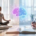 A serene minimalist workspace showing meditation and journaling together - featuring a cushion beside an open journal, bathed in natural light with a split-screen visualization of meditation and writing practices, connected by an illuminated brain graphic highlighting cognitive connections between these complementary practices.