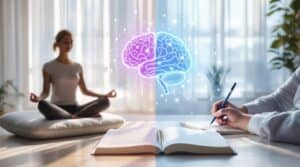 the-powerful-duo-meditation-and-journaling-for-mental-clarity | Journaling Insights A serene minimalist workspace showing meditation and journaling together - featuring a cushion beside an open journal, bathed in natural light with a split-screen visualization of meditation and writing practices, connected by an illuminated brain graphic highlighting cognitive connections between these complementary practices.