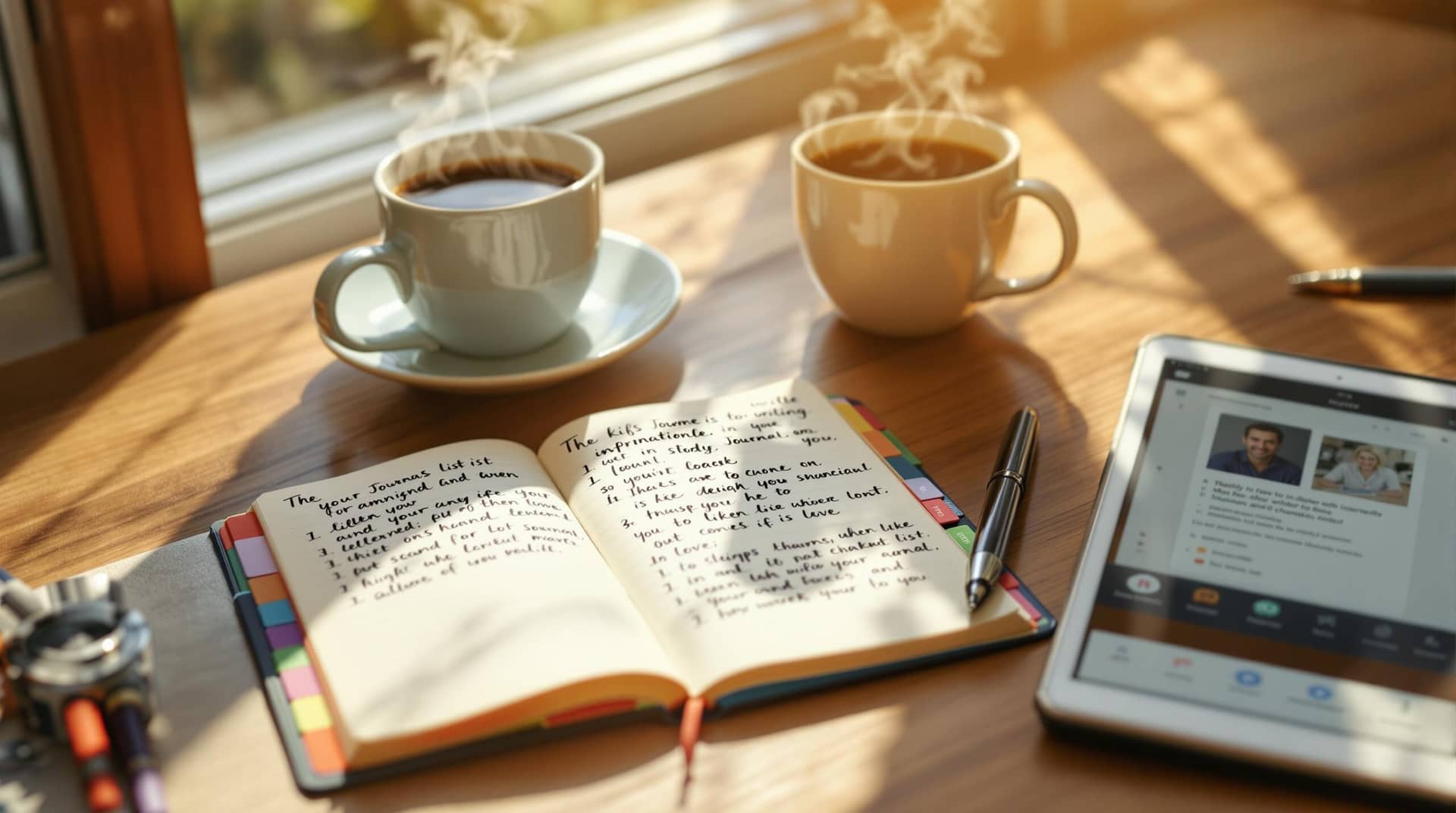 A peaceful morning journaling setup bathed in sunlight, featuring an open journal with gratitude lists, a fountain pen, coffee cup, and tablet displaying a journaling definition, embodying the essence of reflective writing practice. 